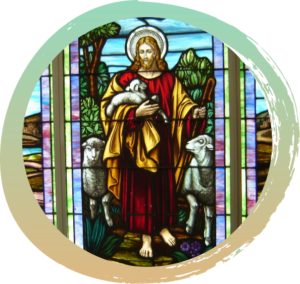 Jesus holding a walking stick in one hand and a baby lamb in the other. Two other adult lambs are walking beside him, one on each side